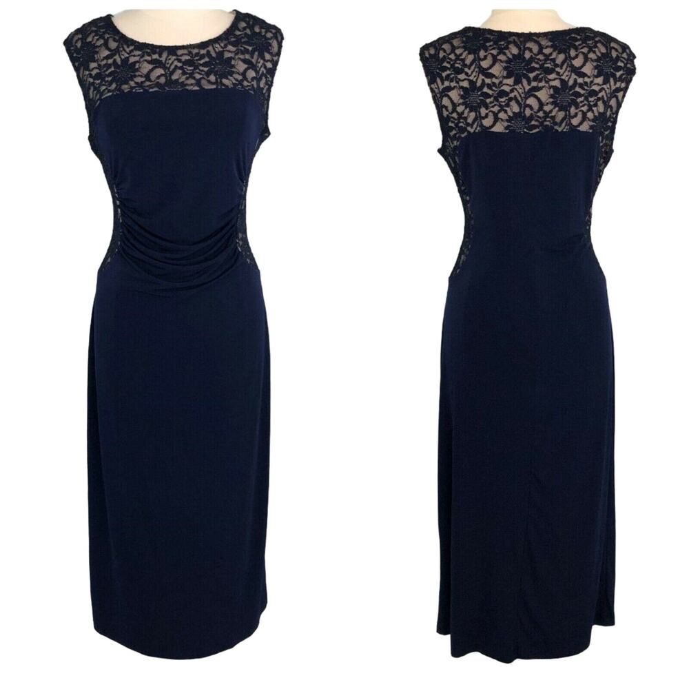 Carlalite Slinky Illusion Ruched Dress Sleeveless Boat Neck Size Large Blue